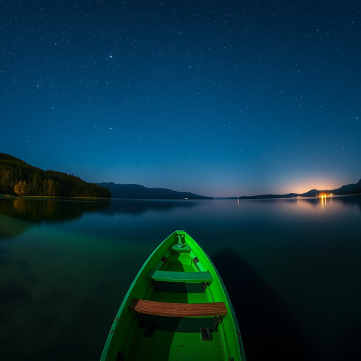 Long exposure shot of a serene lake at night with a green boat in the foreground, using a DSLR camera with a 24mm lens, aperture f/2.8, ISO 1600, shutter speed 30 seconds, panoramic view to capture the star-filled sky and reflections on the water, high dynamic range to enhance colors and details.