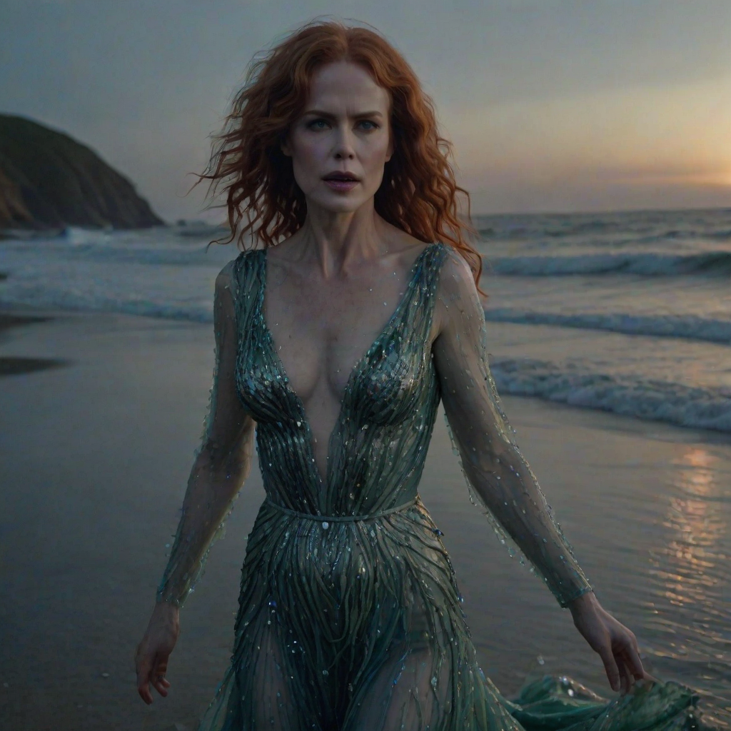 Bewitching image of Nicole Kidman, Big Little Lies star, with her porcelain skin and cascading red curls, emerging from misty waves in a sheer, iridescent gown, on a moonlit beach dotted with bioluminescent algae