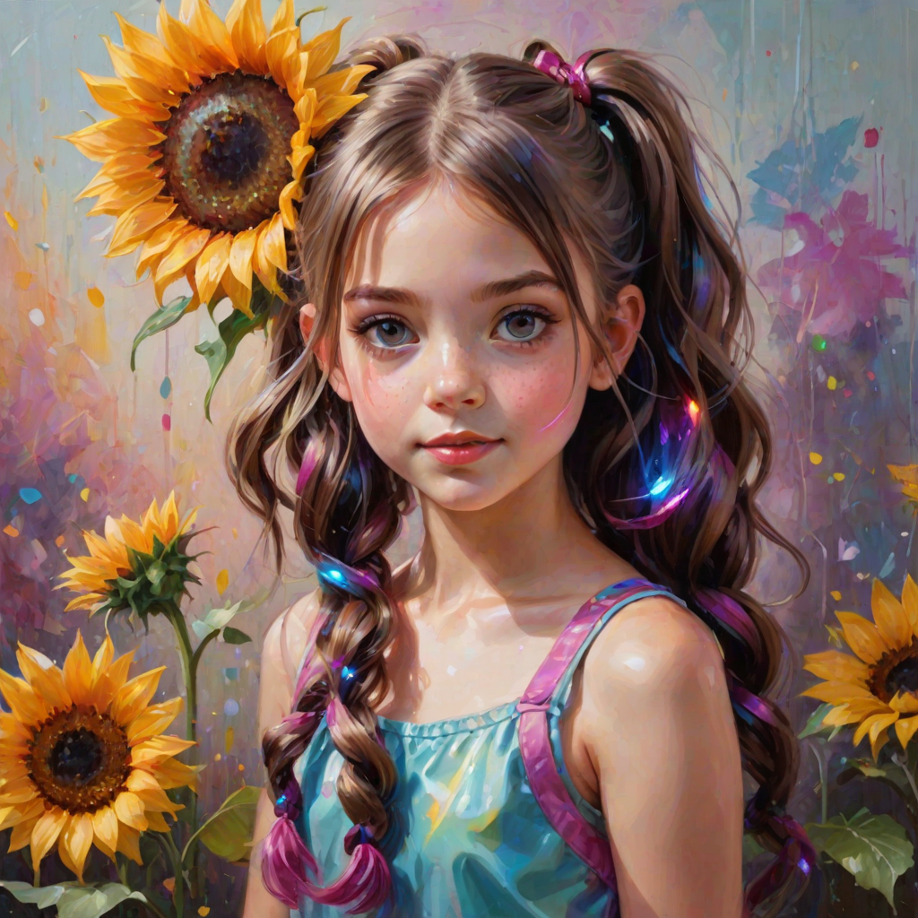 Superfine painterly A pretty girl with pigtails with a giant LED sunflower with multicolored petals that shimmer and shine