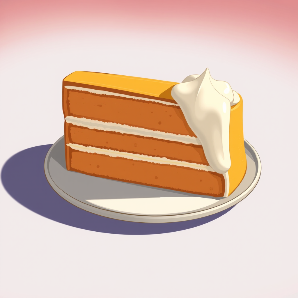 Illustration of a slice of layered cake with a side of icing, high-resolution, 50mm lens, f/2.8 aperture, soft focus background, flat lay style, digital illustration.