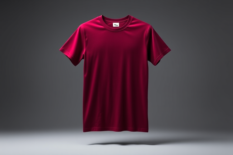 create a high-resolution image of a maroon t-shirt, front view, studio lighting, Canon EOS R5, aperture f/2.8, shutter speed 1/125 sec, ISO 100, plain background for clarity
