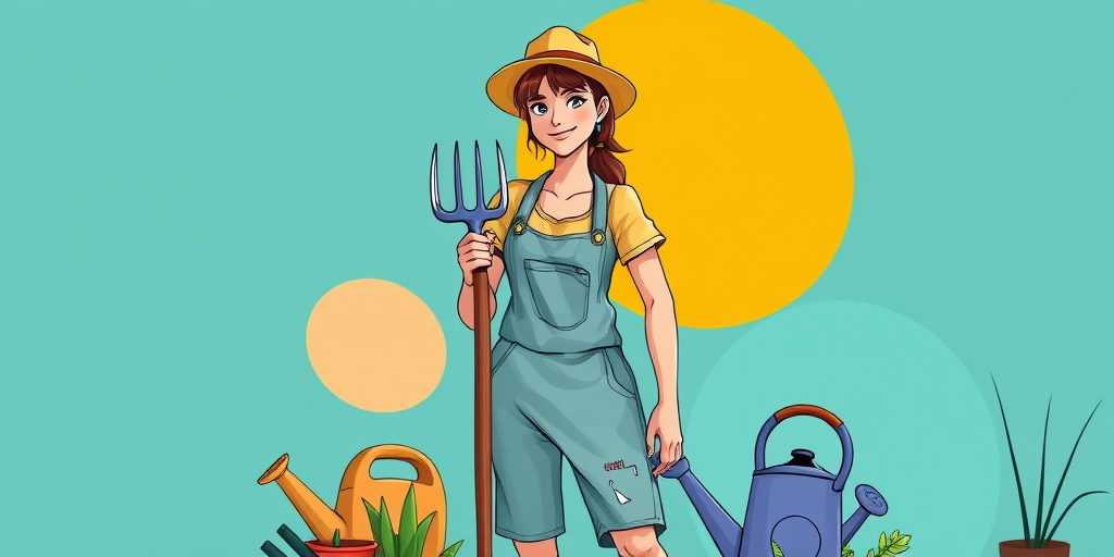 Create an illustration of a female gardener standing confidently with a pitchfork in one hand and a watering can nearby, surrounded by gardening tools, set against a vibrant teal background with abstract shapes, using a digital drawing style with high-resolution quality, 4K, employing soft lighting to enhance colors and depth.