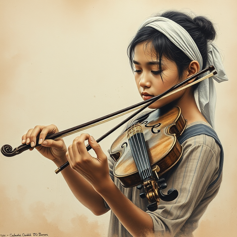 a young Cambodian woman with a white headband playing a violin, in the style of a charcoal drawing, sepia grunge background