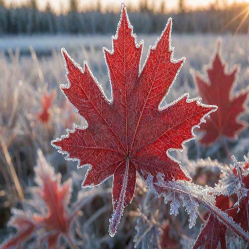 Sharp, detailed close-up of a vibrant red maple leaf covered in frost, soft sunlight glistening off the ice crystals, with distant trees blurred in the background.