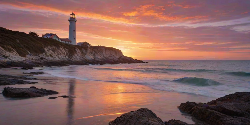 Generate an image of a tall lighthouse perched on a rocky outcrop surrounded by calm ocean waters during a breathtaking sunset. The lighthouse stands sturdy and weathered, its stone surface illuminated by the warm golden light of the setting sun. The sun's rays pass directly through the glass lantern room at the top of the lighthouse, casting a brilliant light across the scene. The sky is painted with vibrant shades of orange, pink, and purple, reflecting off the tranquil sea. The surrounding water shimmers with the same warm hues, creating a serene and majestic atmosphere.