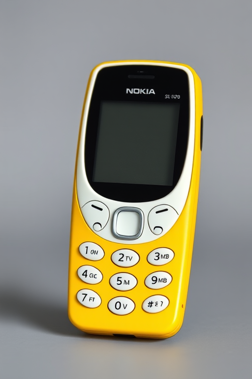 Create a high-resolution image of a classic Nokia phone, front view, with a focus on the colorful yellow casing and clear display, using a DSLR camera at f/2.8, ISO 100, shutter speed 1/60s, soft lighting, and minimal background distractions.