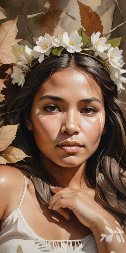 create a watercolor painting of an ethereal portrait of beautiful First Nations woman with a simple white flower crown on her head. Her hair is long and she is lying on the ground. The sunlight on the trees casts shadows from the leaves on her face and body. The background is a neutral brown color that matches her skin tone. The image is minimalist and solid colors. This style is characterized by soft, delicate brushstrokes and a light, airy, contrasting color palette. High level of detail and play of light