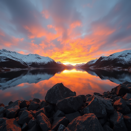 capture a dramatic sunset over snow-covered mountains reflecting in a calm fjord with rocky foreground, aperture f/11, ISO 100, shutter speed 1/60s, wide-angle lens, mounted on a DSLR camera, golden hour lighting for enhanced detail and contrast