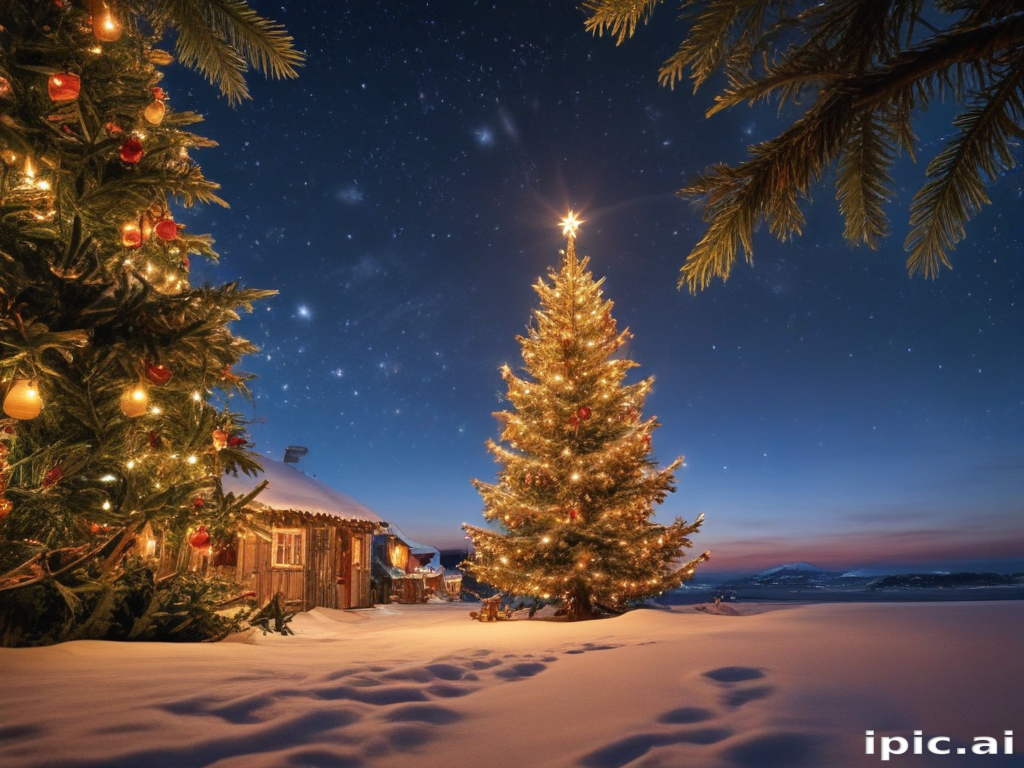 A Cozy Winter Night Scene with Festively Decorated Christmas Trees and ...