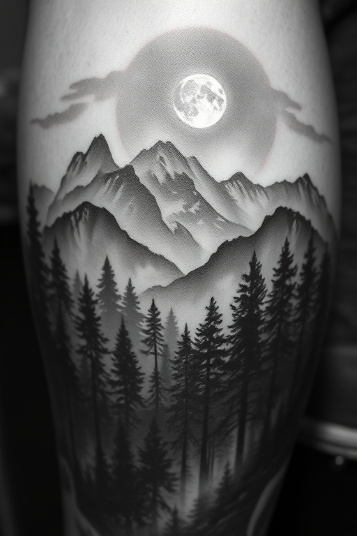 Photorealistic black and gray tattoo portraying a detailed forest scene with misty mountains and a moonlit sky, emphasizing light and shadow, dubbed "Ethereal Wilderness"