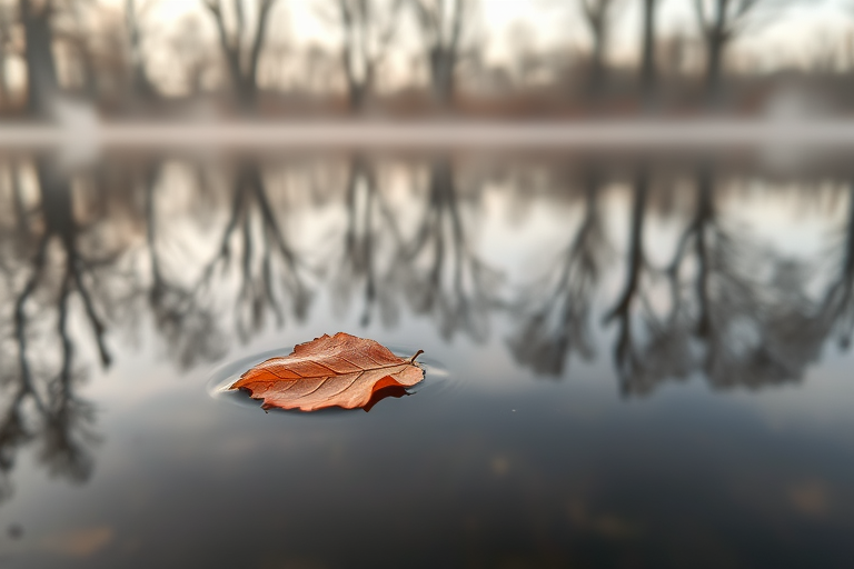 Soft-focus image of a single autumn leaf floating on the surface of a still pond, soft morning mist rising from the water, with distant trees reflected in the glassy surface.