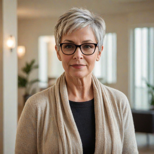 Portrait of a mature woman with short silver hair, styled in an asymmetrical pixie cut with side bangs. She wears black-framed glasses and a beige blouse with a white cardigan over it, as well as a bulky scarf in neutral tones. The woman is indoors with soft lighting and a blur in the background. Her expression is serene and confident, highlighting her elegance and modern style.