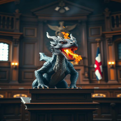 A fierce dragon on a witness stand in a detailed wooden courtroom, flames bursting from its mouth, captured with a Canon EOS R5 at f/1.8, ISO 100, 1/200 sec, using a 50mm lens for a shallow depth of field, soft natural lighting for dramatic effect.