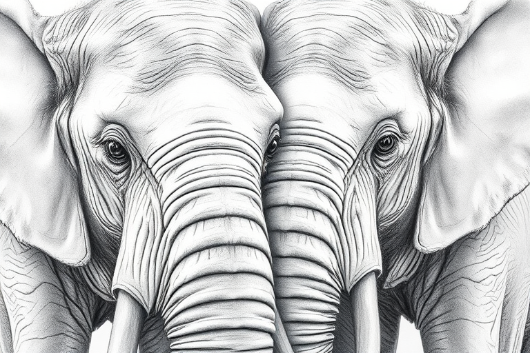 Regenerate a detailed pencil drawing of two elephants close together, focusing on their textures and expressions, captured with a DSLR camera at f/8 aperture, 50mm lens, ISO 200, natural light, close-up view for enhanced detail and clarity.