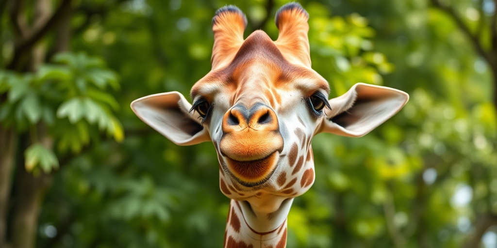Close-up of a giraffe in a lush green environment, aperture f/2.8, ISO 100, shutter speed 1/500s, 85mm lens, portrait orientation, natural light, DSLR camera.
