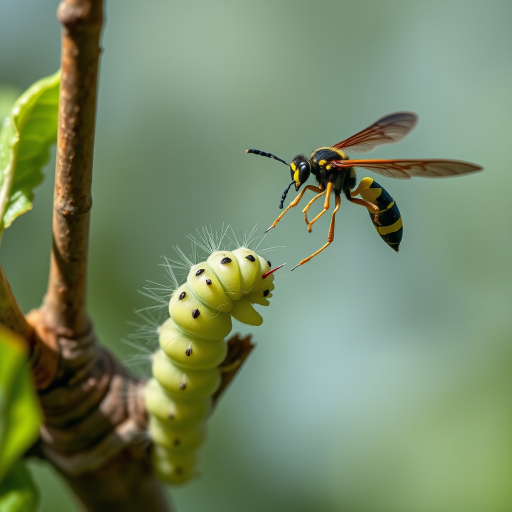 Spectacular photography, 300dpi, digital noise free, extremely clear, ultra-realistic, inside focus, best angle view, with intricate details of a small and tiny Cabbage Butterfly Caterpillar (Pieris Brassicae), standing on a branch of a tree, partially covered with green leaves. A large and majestic parasitic wasp (Torymus sinensis), flying over the caterpillar, right in front of the caterpillar with its body arched and the sting completely out of its abdomen pointing at the caterpillar's body and prepared in an attacking and aggressive position, stares at it and watches stealthily. Both within focus . Proportion of size. Light of day. National Geographic style