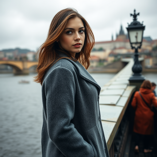cinematic photo from above, waist up shot, sharp focus, a beautiful woman in foreground, in Prague, at the Charles Bridge, river in background, overcast rainy day, wearing long grey wool coat, warm rich color palette