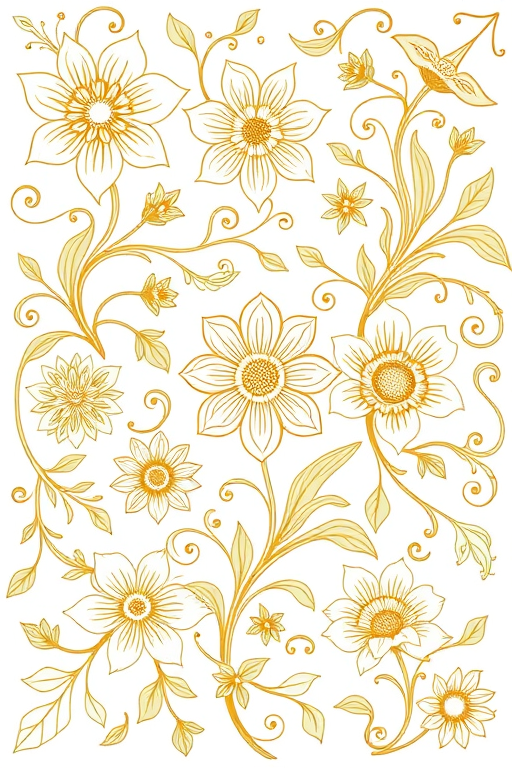 Create an intricate floral design featuring ornate line art of flowers and swirling patterns, focusing on light green and gold tones against a white background, captured using a DSLR camera at f/2.8, ISO 100, 50mm lens, top-down view, with soft focus to enhance texture details.
