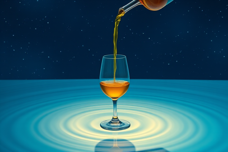 create a minimalist digital artwork of a wine glass pouring yellow liquid into a tranquil blue water surface with concentric ripples, set against a starry night sky, use a Canon EOS R5 camera with a 50mm f/1.8 lens, aperture set to f/2.8, ISO 100, 1/125sec exposure, shoot from a top-down perspective with a vibrant color palette and soft focus on the background to enhance depth