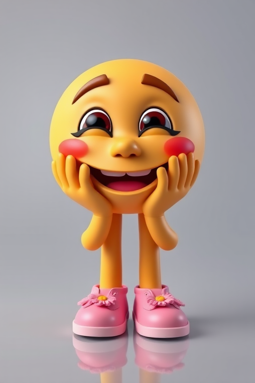 Create a 3D animated emoji character with exaggerated facial features, hands on cheeks, wearing pink shoes with flowers, on a transparent background, shot with a Canon EOS 5D Mark IV camera, using a 50mm lens at f/2.8, 1/125s shutter speed, ISO 100, and soft studio lighting to enhance details and colors.