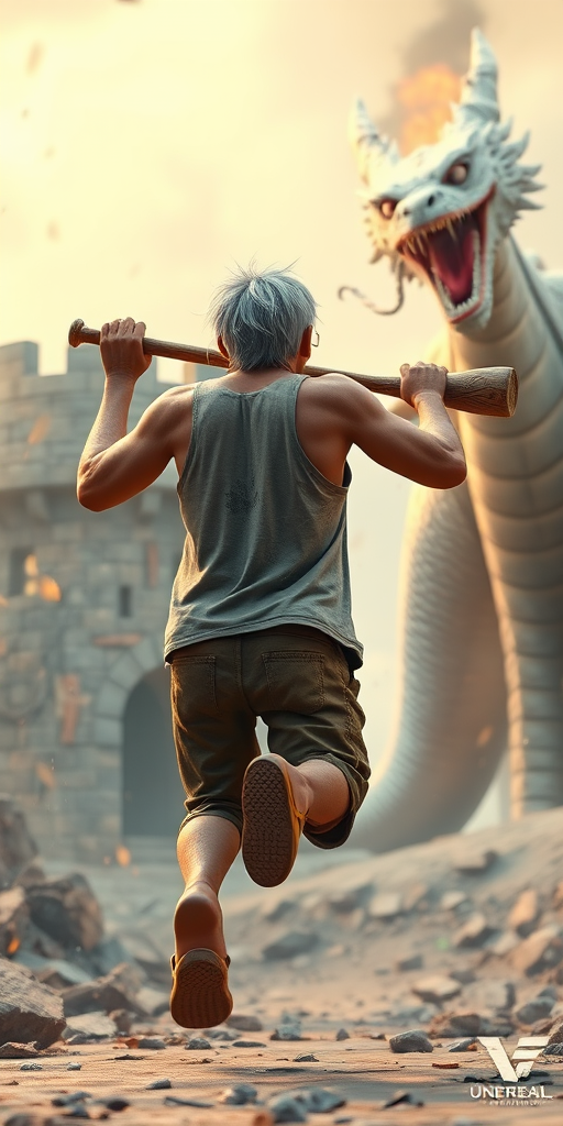 Cartoon 3D High-Resolution,dynamic battle scene using Unreal Engine 5 and Octane Render. The scene features back of an elderly, thai man with a beard,messy hair and round golden-rimmed glasses. He is wearing a tattered tank top with soot marks, shorts, and sandals. sweating. he wields a baseball bat. He jump to fight with a white fire-breathing Europe dragon amidst a partially destroyed stone castle. Include intense flames, smoke, and debris to enhance the dramatic effect.
