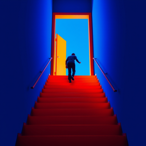 Create an image of a silhouette of a person climbing stairs towards an open door on a vibrant blue background, with the stairs in bright orange, shot with a DSLR camera at f/2.8, 50mm lens, using a wide-angle view for depth and clarity, ensuring high contrast and vivid colors.
