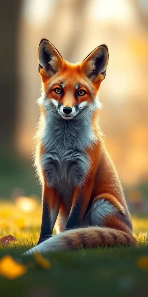 Create a highly detailed illustration of a fox sitting gracefully, captured in a soft natural light setting with a shallow depth of field, using a digital painting technique, at a resolution of 300 DPI, with a focus on vibrant colors and sharp outlines against a blurred background.
