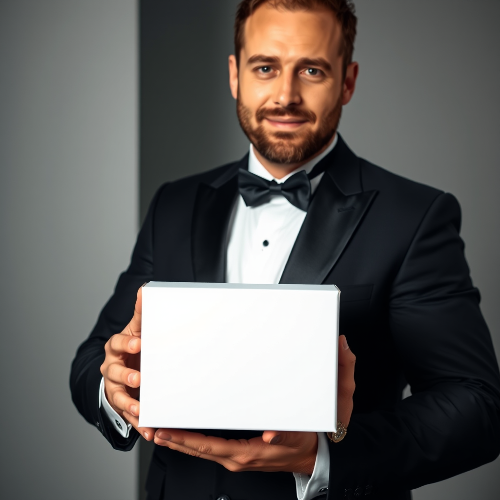 Portrait of a man in a tuxedo holding a blank white box, soft studio lighting, 85mm lens, f/1.8, ISO 100, shallow depth of field, high-resolution, neutral background.
