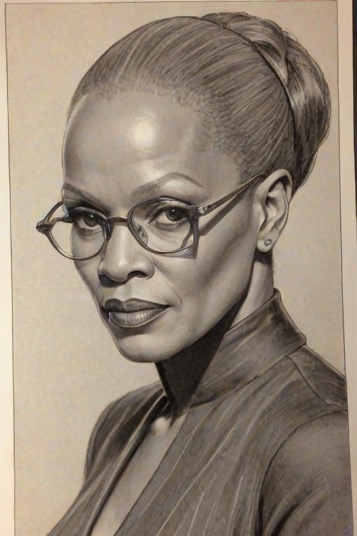 Gorgeous Avery Brooks, pencil sketch, portrait of Fascinating woman 1922s in glasses, hair style beatnik, outline, clear lines, fine lines, 8k