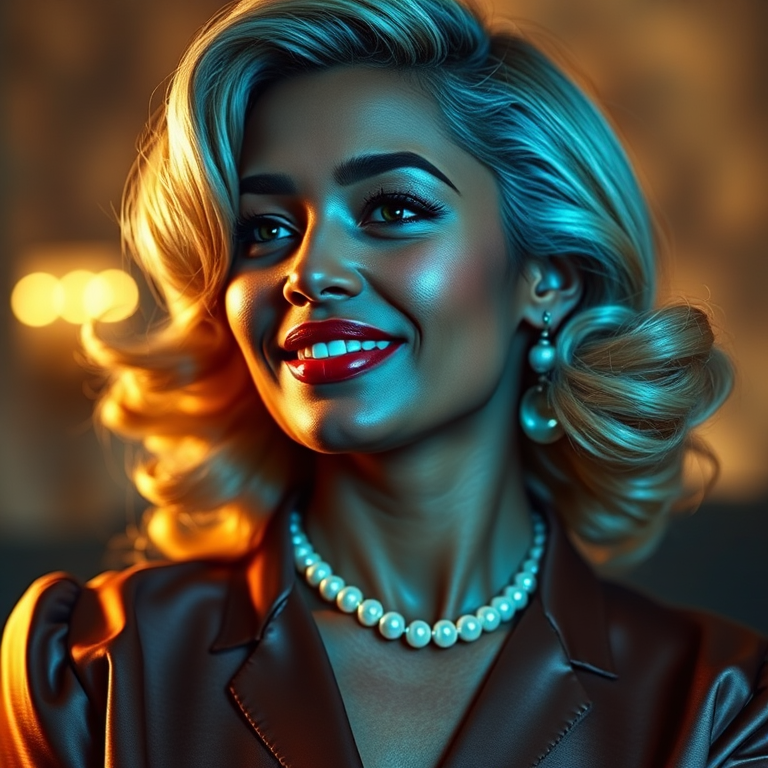 A beautiful Xhosa woman reminiscent of 1950s Hollywood glamour, with perfectly styled blonde hair and a seductive smile, dressed in a satin blouse and adorned with pearls, soft and warm tones, photorealistic, 8K