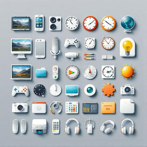 Create an image featuring a grid of various technology icons including a computer monitor, smartphone, laptop, landscape image, clock, camera, microphone, mouse, processor, printer, light bulb, game controller, speaker, plug, database, headphones, play button, and telephone, captured with a Canon EOS R5, 50mm lens, f/2.8 aperture, ISO 100, and overhead lighting for clear visibility and contrast.