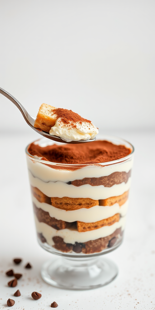 Create an image of a delicious tiramisu dessert in a clear glass. The dessert has layers of creamy mascarpone cheese and coffee-soaked ladyfingers, topped with a dusting of cocoa powder. A spoon is lifting a portion of the dessert, revealing the rich texture and layers inside. The background is minimalistic and light, emphasizing the dessert's appealing appearance.