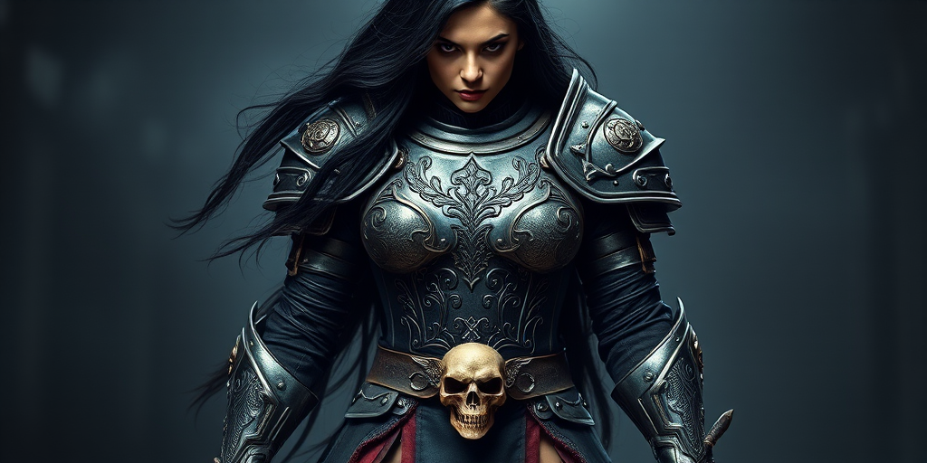 Create a photo of a fierce female warrior with long black hair, wearing an ornate, metallic armor. The armor includes a breastplate with intricate designs, shoulder guards, and gauntlets. The breastplate is decorated with a central emblem, possibly representing a mythical symbol, and has a sculpted, form-fitting design. She wears a belt with a large skull ornament at the center, and her armor extends into a partial skirt, revealing one leg. The overall look is both protective and stylish, with a dark, gothic aesthetic. The background is dimly lit, suggesting a medieval or fantasy setting, enhancing the warrior's imposing presence and intense expression.
