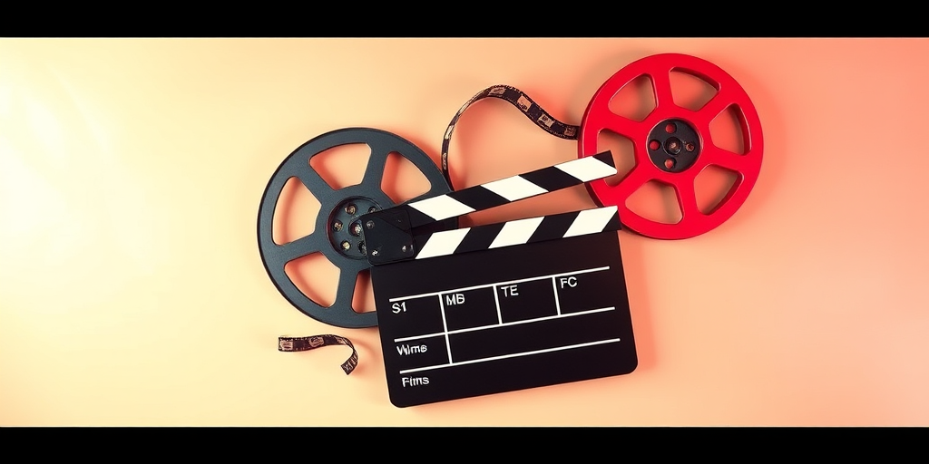 Create an illustration of film reels and a clapperboard on a transparent background, using a digital art style with vibrant colors and sharp details, shot with a DSLR camera at f/2.8, ISO 100, 35mm focal length, top-down view to emphasize the elements, with soft lighting for a cinematic effect.