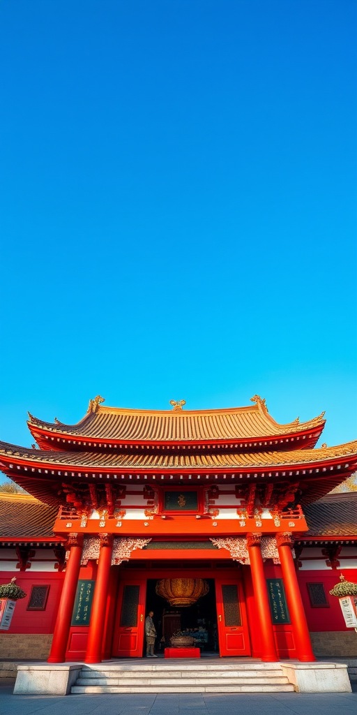 Generate a high-resolution image of a traditional Asian temple with vibrant red and intricate architectural details under a clear blue sky, taken with a DSLR camera at f/8 aperture, 1/250s shutter speed, ISO 200, wide-angle lens, from a frontal view.