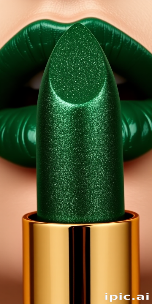 Opulent emerald green lipstick with a hint of gold shimmer, named "Malachite Majesty," featuring a creamy texture and intense pigmentation, suited for bold and daring makeup looks