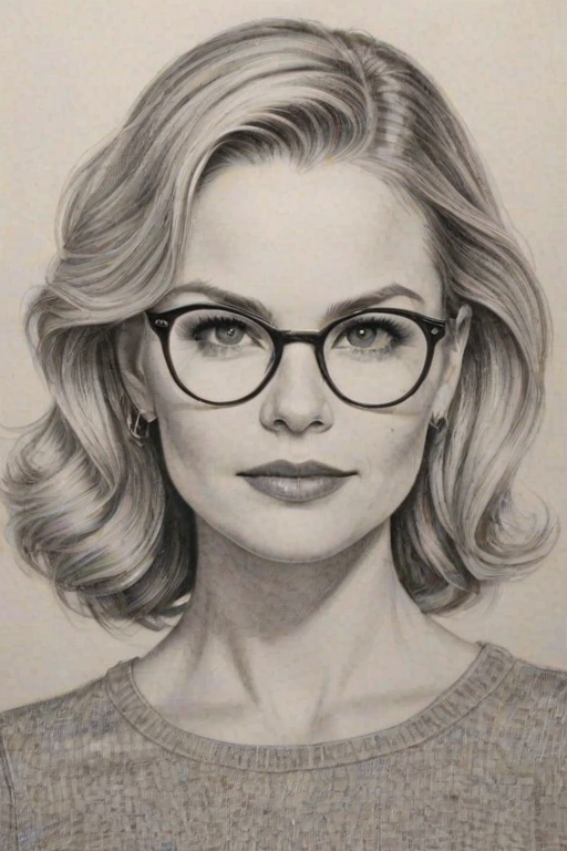 Enchanting Jennifer Morrison, pencil sketch, portrait of Enticing woman 1942s in glasses, hair style beatnik, outline, clear lines, fine lines, 8k