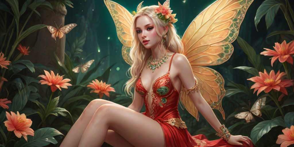 A digital artwork features a winged fairy with delicate Pineapple butterfly wings, adorned with intricate Mint andCream patterns. She is seated on a vibrant Vermilion flower, wearing a revealing red two-piece outfit with sparkling beadwork. Her fair skin, long blonde hair, and gold jewelry add to her ethereal appearance. The background is a warm, golden gradient, creating a magical atmosphere. Small glowing orbs and sparkles surround the flower, enhancing the enchanting, highly detailed, and realistic scene.