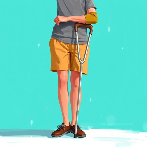 Create an illustration of a person standing with a crutch and arm in a sling, set against a turquoise background, using a digital painting style, with a focus on vibrant colors and smooth lines, captured with a high-resolution digital camera at f/8, ISO 100, and a 50mm lens.