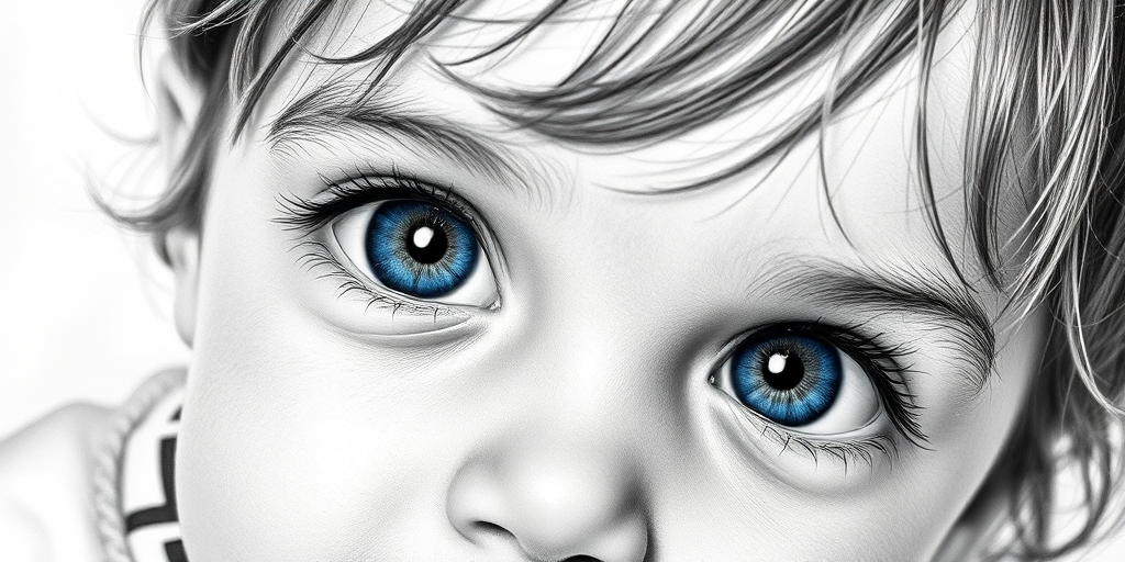 A hyperdetailed photorealistic black and white sketch of a beautiful toddler with deep blue eyes, with a macro focus