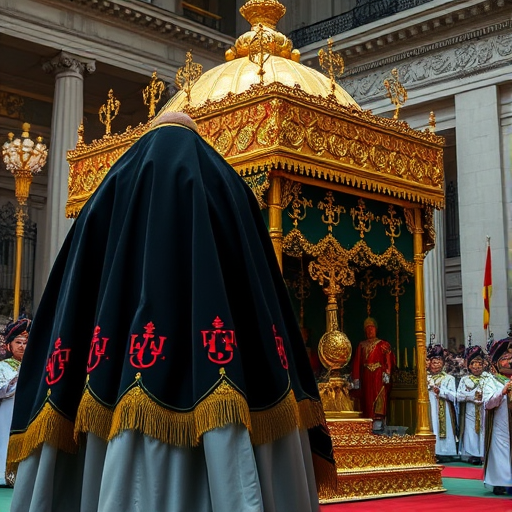 Regenerate the image of a grand procession featuring an ornate structure draped with a richly detailed black cloak adorned with vibrant emblems, captured using a DSLR camera at 24mm focal length, f/8 aperture, ISO 200, in a high dynamic range style, from a low angle view to emphasize the details and atmosphere of the event.