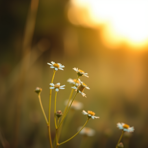 Capture a close-up of white wildflowers against a blurred background using a DSLR camera with a 50mm lens, aperture set to f/1.8 for a shallow depth of field, ISO 200, and a soft golden hour light for enhanced warmth and contrast.