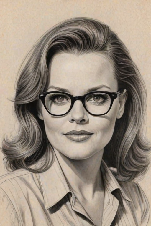 Pleasing Belinda Carlisle, pencil sketch, portrait of Resplendent woman 1945s in glasses, hair style beatnik, outline, clear lines, fine lines, 8k