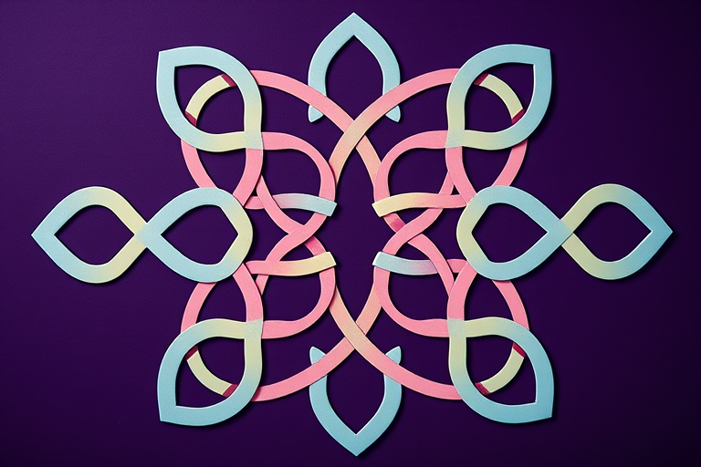 create a symmetrical geometric pattern featuring interconnected loops in pastel colors on a dark purple background, shot with a Canon EOS 5D Mark IV, aperture f/8, ISO 100, 50mm lens, soft focus style, overhead view