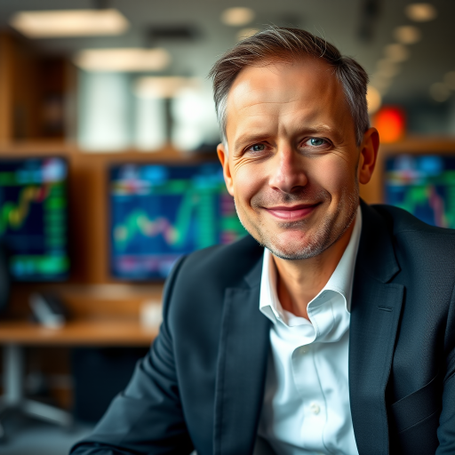 portrait of a confident man in a suit sitting in an office with stock market screens in the background, soft bokeh effect, 50mm lens, f/1.8, ISO 200, natural lighting, shot with a DSLR camera