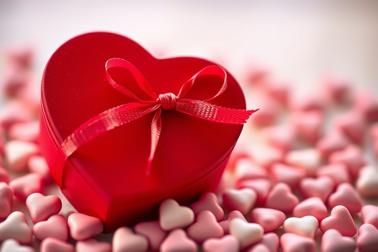A red heart-shaped box with a ribbon tied around it, surrounded by small pink and white heart-shaped candies, shot with a Canon EOS R5, 50mm lens, f/2.8 aperture, ISO 100, natural soft lighting, shallow depth of field, macro view.