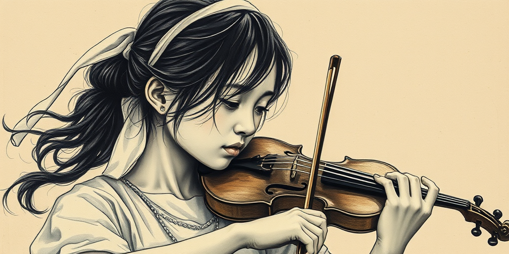 a young Ryukyuan woman with a white headband playing a violin, in the style of a charcoal drawing, sepia grunge background