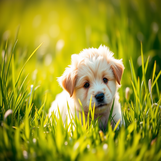 high-quality image of a fluffy puppy lying in lush green grass, shallow depth of field, sunlight filtering through the grass, 85mm lens, aperture f/2.8, ISO 200, natural light, DSLR camera, soft focus background, vibrant colors