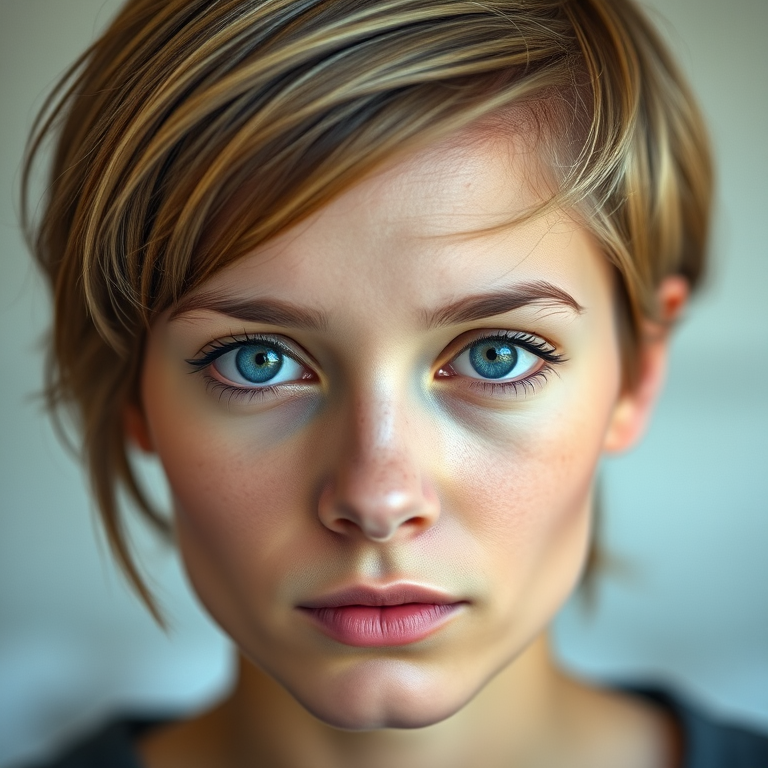 portrait of a young woman with short hair and striking blue eyes, natural light, shallow depth of field, 50mm lens, f/1.8 aperture, ISO 200, soft focus background