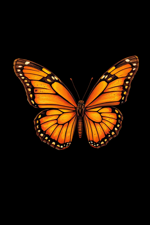 Create a detailed illustration of a vibrant orange butterfly with an abstract design on a black background, captured using a DSLR camera, aperture f/2.8, shutter speed 1/200s, with a macro lens at a 45-degree angle, focusing on the intricate patterns of the wings for enhanced clarity and depth.